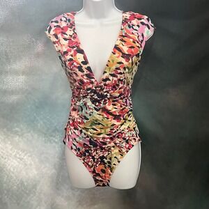 Bleu Rod Beattie Womens Abstract Animal Print Ruched One Piece Swimsuit Size 12